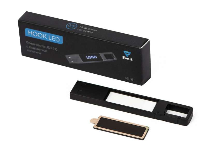 USB 2.0- флешка на 32 Гб c подсветкой логотипа Hook LED, темно-серый, синяя подсветка №2