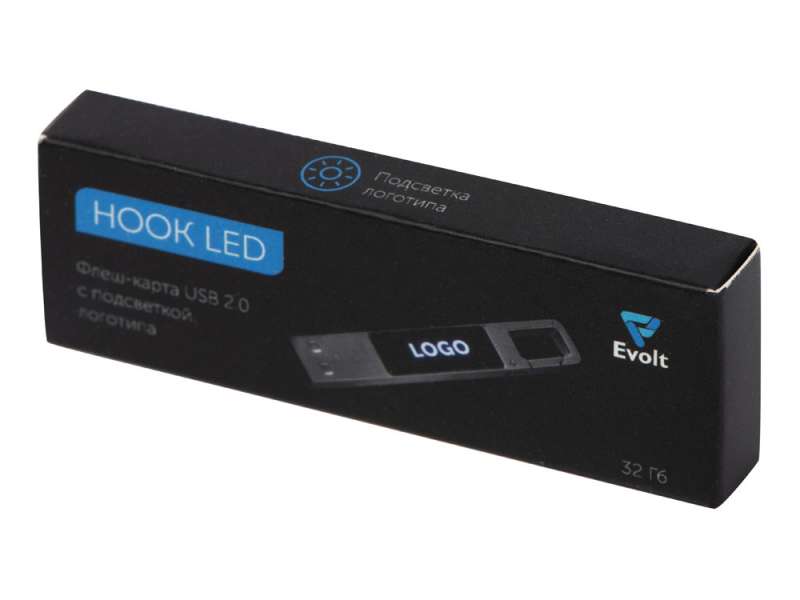 USB 2.0- флешка на 32 Гб c подсветкой логотипа Hook LED, темно-серый, синяя подсветка №10