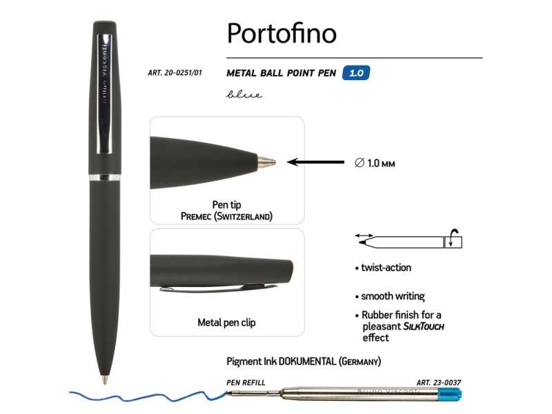 Ручка Portofino шариковая  автоматическая, черный металлический корпус, 1,0 мм, синяя №3
