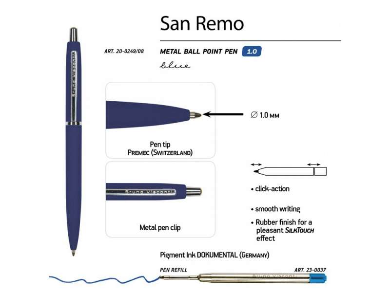 Ручка металлическая шариковая San Remo, 1,0мм, синие чернила, ярко-синий №3