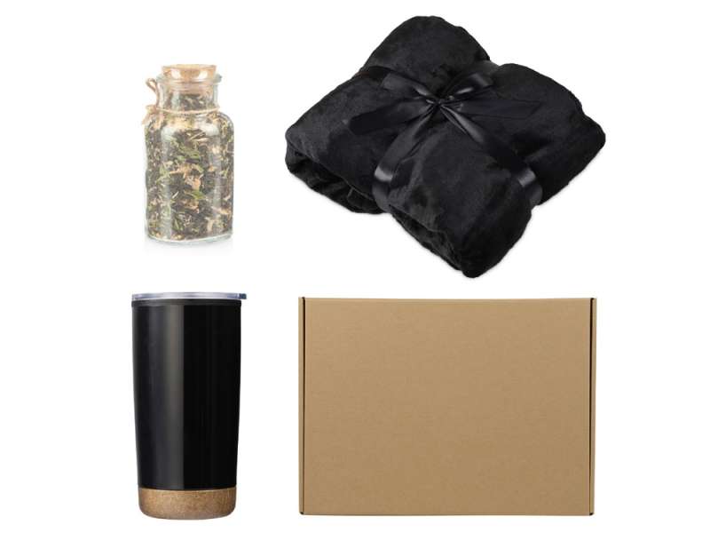 Подарочный набор с пледом, термокружкой и чаем, черный Подарочный набор с пледом, термокружкой и чаем, черный