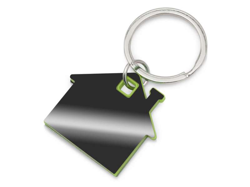 Металлический брелок с пластиковой цветной вставкой SteelPop House, серебристый с зеленым яблоком