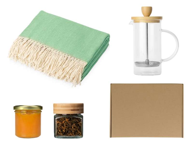 Подарочный набор с пледом, френчпрессом, чаем и вареньем, зеленый