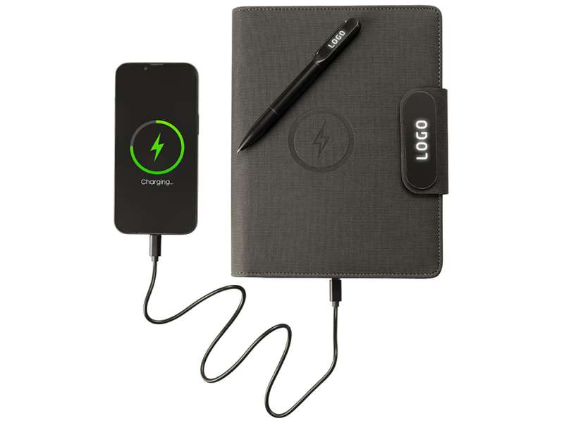 Подарочный набор металлическая ручка и блокнот А5 Twilight  со светящимся логотипом и пауэрбэнком №13