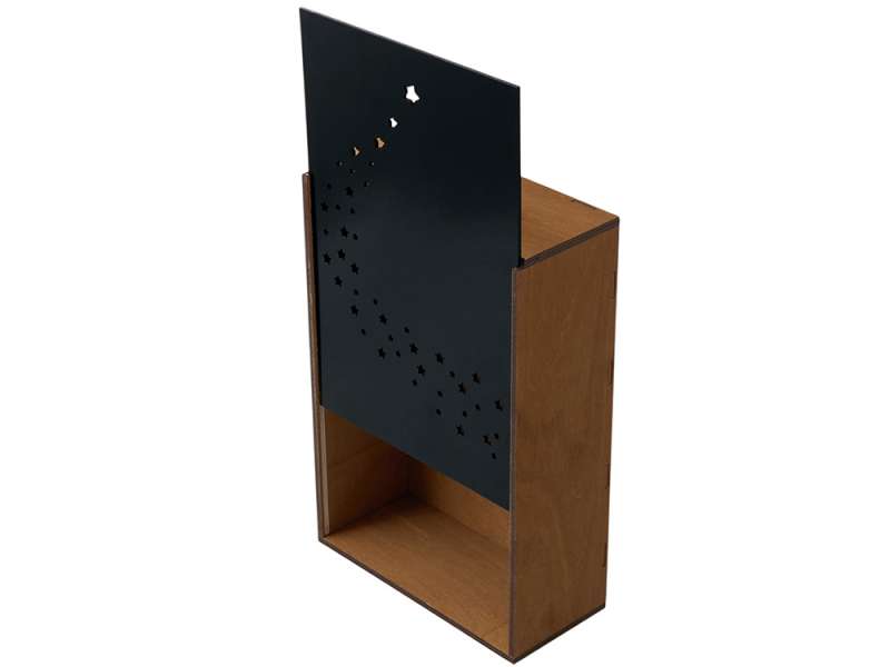 Подарочная коробка из фанеры Constellation 330х220х100 мм, фанера 6 мм, крышка на выдвижных пазах черная ЛХДФ 3 мм, бечевка №9