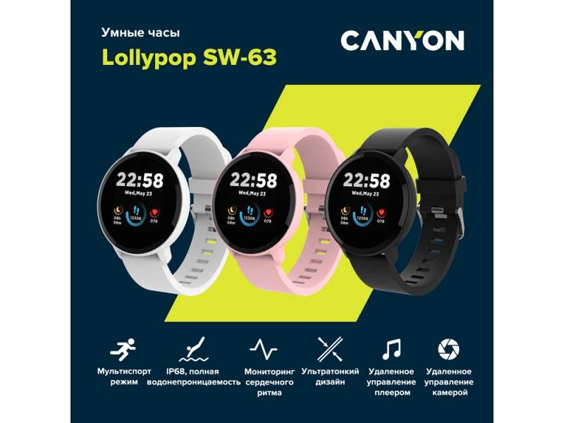 Умные часы CANYON Lollypop SW-63, IP 68, BT 5.0, сенсорный дисплей 1.3, розовый №4