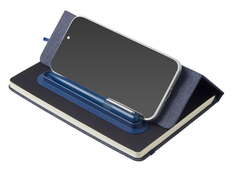 Набор блокнот А5 с магнитным держателем для ручки и подставкой для телефона и металлической шариковой ручкой NotaBene, темно-синий №13