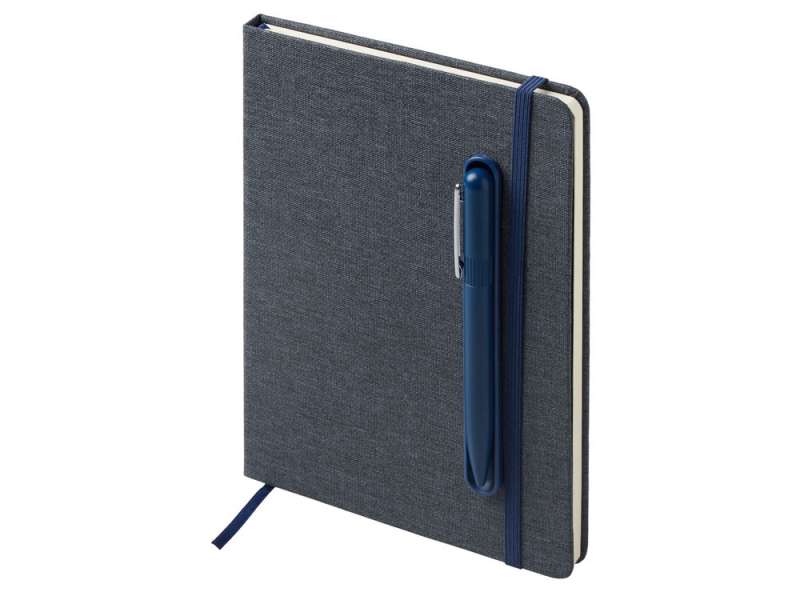 Набор блокнот А5 с магнитным держателем для ручки и подставкой для телефона и металлической шариковой ручкой NotaBene, темно-синий №11