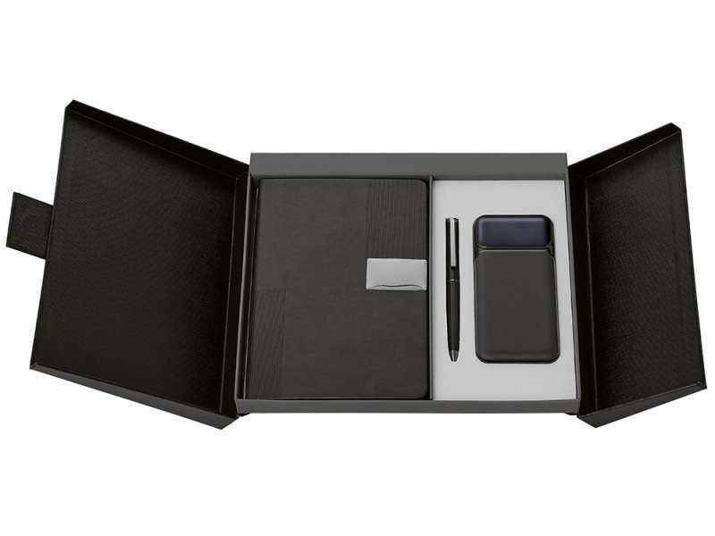 Подарочный набор Tesla с блокнотом А5, ручкой и пауэрбенком на 10 000 mAh, черный №17