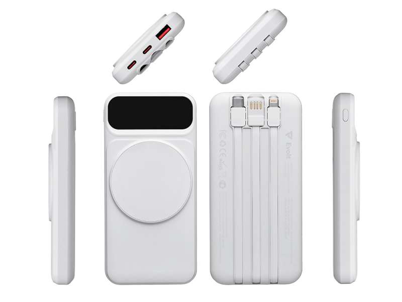 Магнитный беспроводной внешний аккумулятор со встроенными кабелями Мэни,быстаря зарядка, 10000 мАч, белый №3