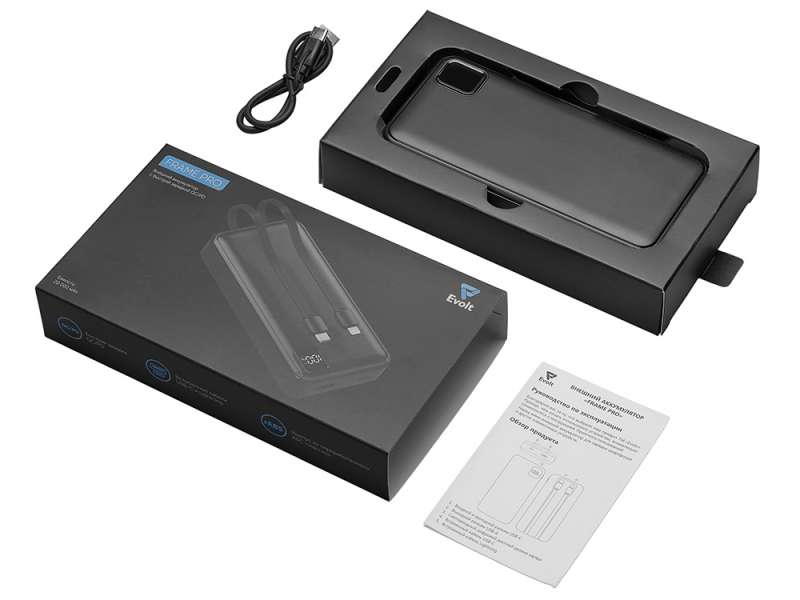 Внешний аккумулятор со встроенными кабелями Фрэйм Про, быстрая зарядка, 20000мач, черный №7