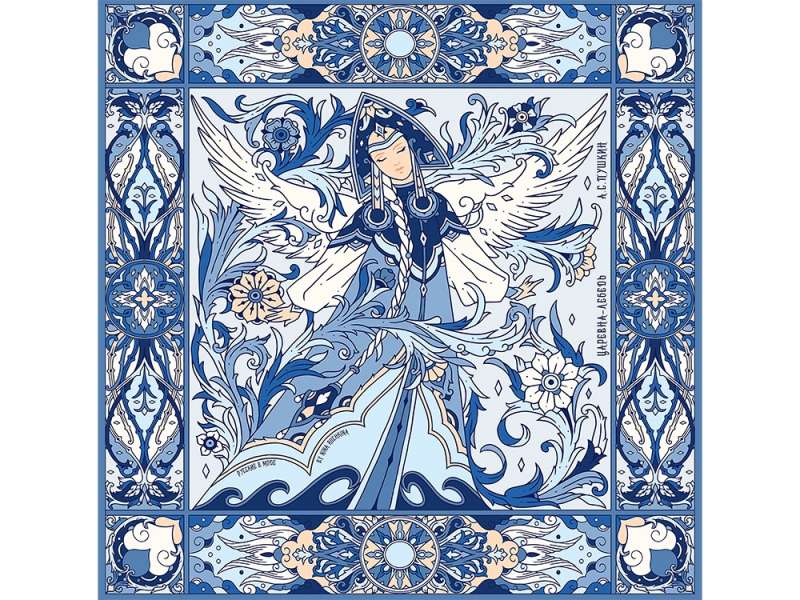 Платок Царевна-Лебедь 100% шелк, синий