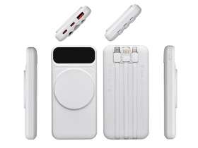Магнитный беспроводной внешний аккумулятор со встроенными кабелями Мэни,быстаря зарядка, 10000 мАч, белый №3